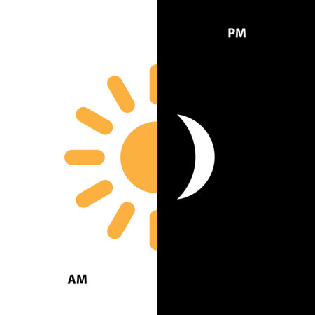 AM PM Icon, Morning Sun, Evening Moon Symbol, Day and Night Sign, AM PM Vector Illustrationのイラスト素材