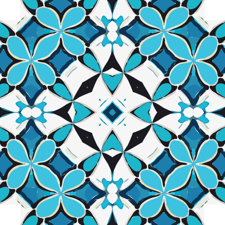 Blue Tiles Background, Old Fasion Retro Azulejo Mosaic Tile, Vintage Portuguese Wall Ceramic Seamless Pattern, Blue Abstract Flower Tileのイラスト素材