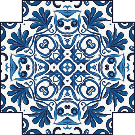 Blue Tiles Background, Old Fasion Retro Azulejo Mosaic Tile, Vintage Portuguese Wall Ceramic Seamless Pattern, Blue Abstract Flower Tileのイラスト素材