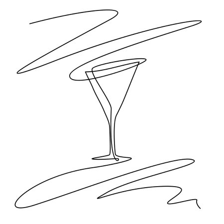 Wine Glass Continuous Line Draw, Minimalistic Monoline Martini Cocktail, Alcohol Drink Holiday Drawing, Single One Line Wine Glass Illustrationのイラスト素材