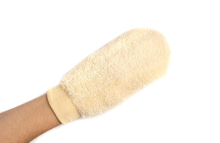 Bath Glove Isolated, Natural Beige Wash Mitt for Spa, Massage, Healthy Skin, Exfoliating Shower Glove on White Backgroundの写真素材