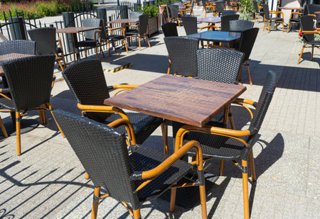 Street Restaurant Table, Empty Cafe Tables, Bistro Seat, Bar Terrace, Outdoor Restaurants, Cafeteria, Outside Trattoria, City Coffee Shops Furniture, Summer Street Tableの写真素材