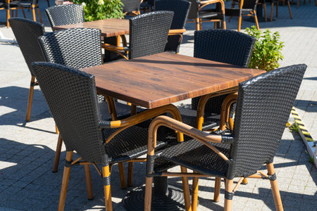 Street Restaurant Table, Empty Cafe Tables, Bistro Seat, Bar Terrace, Outdoor Restaurants, Cafeteria, Outside Trattoria, City Coffee Shops Furniture, Summer Street Tableの写真素材