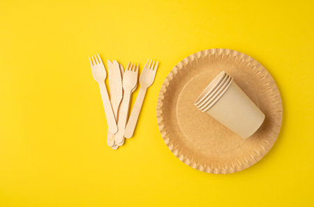 Paper Plate, Fork, Knife on Yellow Background, Eco Tableware Set, Disposable Cutlery, Biodegradable, Eco Bio Table Setting for Picnic, Recycle Reusable Utensil on Color Background with Copy Spaceの写真素材