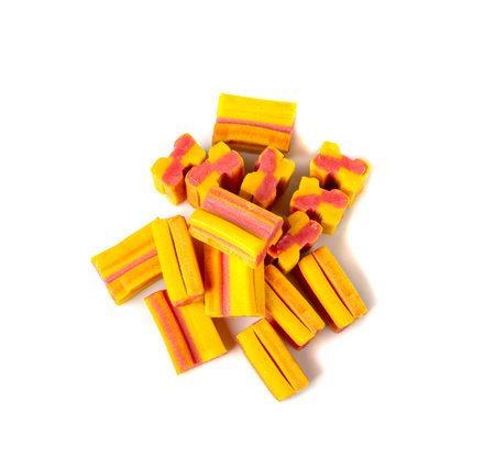 Chewing Gum Cubes Pile Isolated, Fruit Color Bubble Gum Set, Sweet Pink Bubblegum on White Backgroundの写真素材