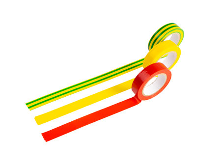 Blue Red Electrical Tape Lines Isolated, Plastic Duct Tape Rolls, Colored Adhesive Tapes on White Backgroundの写真素材