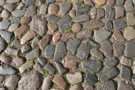 Old Stone Pavement Texture Background, Ancient Granite Cobblestone Road Pattern, Vintage Block...