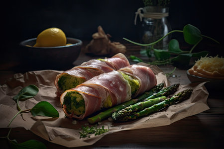 Asparagus Wrapped with Ham, Gourmet Bacon Appetizer, Asparagus Rolled with Prosciutto Abstract Generative AI Illustrationの素材