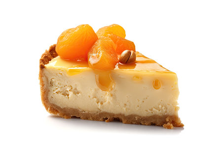 Apricot Cheesecake Isolated, Cheesecake Pastry, Peach Cream Cheese Dessert with Orange Fruits on White Background, Abstract Generative AI Illustrationの素材