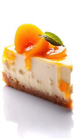 Apricot Cheesecake Isolated, Cheesecake Pastry, Peach Cream Cheese Dessert with Orange Fruits on White Background, Abstract Generative AI Illustrationの素材