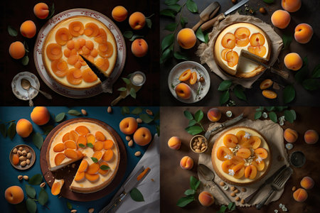 Apricot Cheesecake Collage, Cheesecake Pastry, Peach Cream Cheese Dessert with Orange Fruits, Abstract Generative AI Illustrationの素材