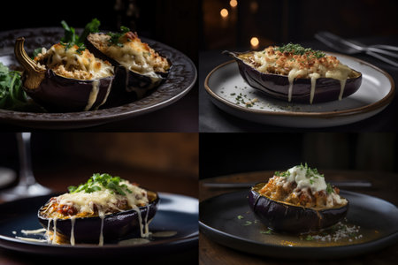 Baked Eggplant Collage, Cooked Stuffed Aubergine with Cheese, Roasted Eggplants, Abstract Generative AI Illustrationの素材