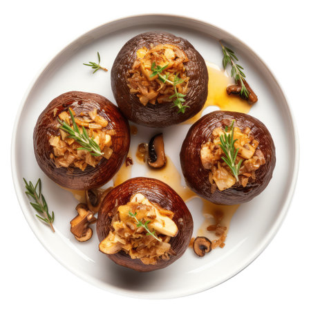 Baked Mushrooms Isolated, Stuffed Champignons Collage, Grilled Portobello, Baked Mushrooms on White Background, Abstract Generative AI Illustrationの素材