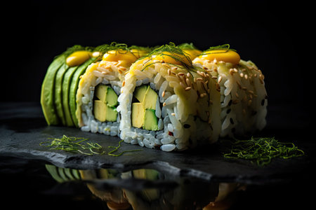 Avocado Sushi, Green Kappamaki Rolls, Traditional Japanese Susi on Dark Background, Abstract Generative AI Illustrationの素材