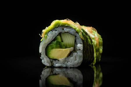 Avocado Sushi, Green Kappamaki Rolls, Traditional Japanese Susi on Dark Background, Abstract Generative AI Illustrationの素材