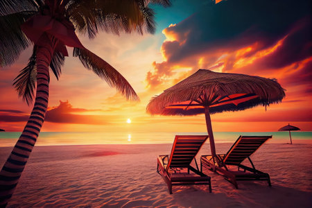 Two Sun Loungers, Beautiful Sunset on The Beach, Palm Trees, Summer Paradise Abstract Generative AI Illustrationの素材