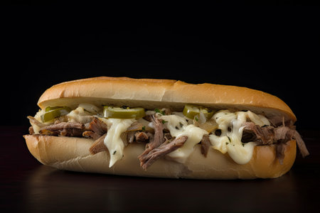 Cheese Steak Sandwich, Philly Cheesesteak with Onions, Mushroom, Melted Provolone Cheese in Ciabatta, Abstract Generative AI Illustrationの素材