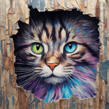 Cat Looks Through Paper Hole Background, Funny Pet Background with Copy Space, Cat Looks Through Paper Hole Mockup, Abstract Generative AI Illustrationの素材