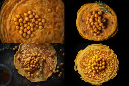 Chickpea Pancake, Socca Flatbread Collage, Ceci Chilla Flat Bread, Besan Cheela, Chickpea Pancake Top View, Abstract Generative AI Illustrationの素材