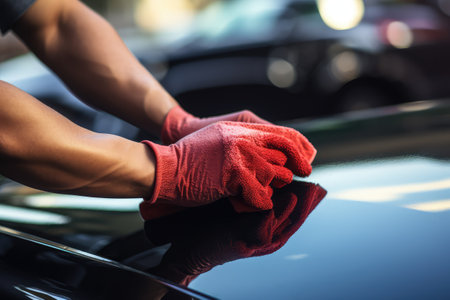 Car Washing, Man Polishes his Car with Microfiber Cloth, Automobile Washing, Generative AI Illustrationの素材