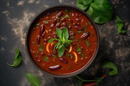 Chili Soup with Red Beans, Bean Minestrone, Vegetarian Chili Con Carne Bean Stew Bowl Top View, Abstract Generative AI Illustrationの素材