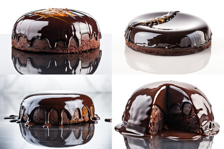 Chocolate Cake Collage, Round Glazed Dessert, Delicious Shining Truffle Torte, Cocoa Cakes on White Background, Abstract Generative AI Illustrationの素材