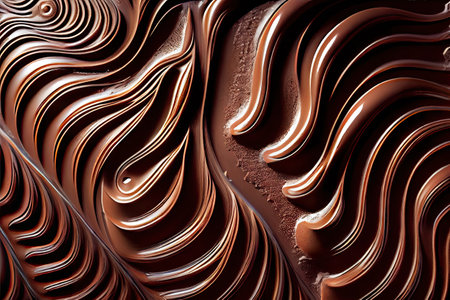 Melted Chocolate Texture, Cocoa Cream Waves, Smooth Chocolate Background, Silky Flowing Sauce Mockup, Abstract Generative AI Illustrationの素材