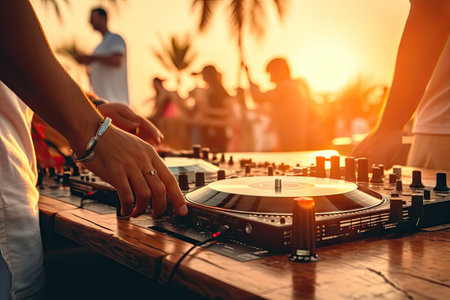 Dj Party at Sunset Beach, Summer Vacation Outdoor, Disc Jockey Hands Playing Music for Dancing Tourist People, Generative AI Illustrationの素材