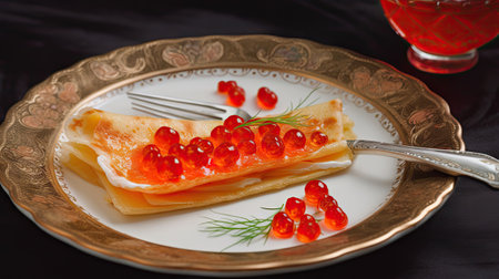 Red Caviar Pancakes, Caviar Crepes Closeup, Gourmet Breakfast, Luxury Blini Abstract Generative AI Illustrationの素材