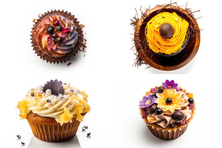 Cupcake Isolated, Color Cup Cake Collage, Delicious Cupcakes on White Background, Abstract Generative AI Illustrationの素材