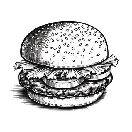Hamburger Sketch on White Background, Hand Drawn Hamburger Black Icon, Fast Food Restaurant Menu Design, Sketched Burger AI generative illustrationの素材