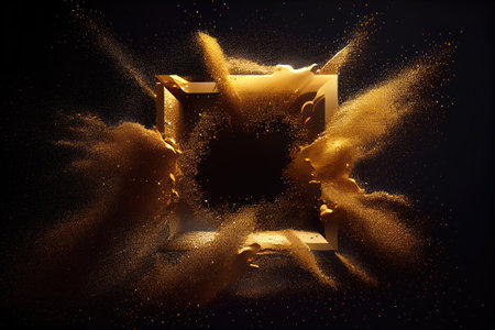 Gold Powder Explosion with Frame, Golden Dust Splash Border, Yellow Glitter Blast Texture Background, Abstract Generative AI Illustrationの素材
