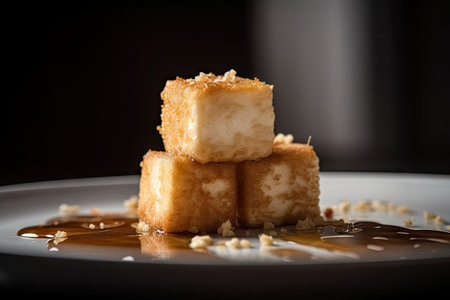 Stir Fried Tofu, Healthy Vegan Chinese Food, Diced Fry Tofu Cubes on Dark Background, Abstract Generative AI Illustrationの素材