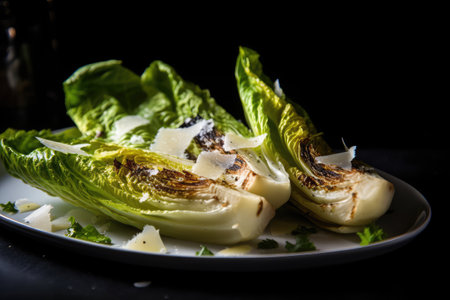 Grilled Lettuce, Green Romaine Lettuce Leaves Barbecue, Grilled Green Salad on Dark Background, Abstract Generative AI Illustrationの素材