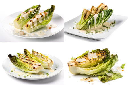 Grilled Lettuce Collage, Green Romaine Lettuce Leaves Barbecue, Grilled Green Salad on White Background, Abstract Generative AI Illustrationの素材