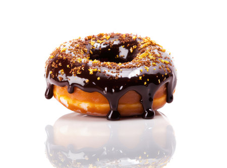 Chocolate Glazed Donut Isolated, Sweet Brown Donut Cake, Cocoa Donut Dessert on a White Background, Abstract Generative AI Illustrationの素材