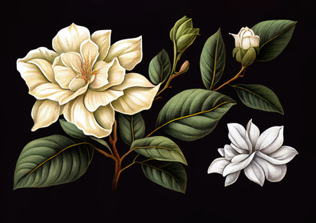 Gardenia Flower Botanical Illustration, Jasminoides Flowers Realistic Painting, Gardenia Drawing Imitation, Abstract Generative AI Illustrationの素材