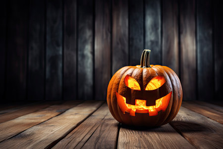 Halloween Pumpkin on Dark Forest, Carved Jack Lantern, Scary Pumpkin, Traditional Autumn Night Holiday Generative AI Illustrationの素材