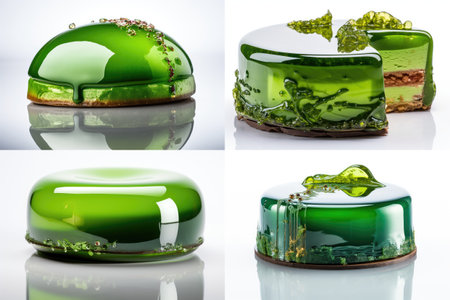 Green Cake Collage, Mint Grapes Glazed Dessert, Delicious Shining Kiwi Gooseberry Cakes on White Background, Abstract Generative AI Illustrationの素材