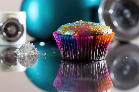 Glazed Cupcake, Color Cup Cake, Delicious Rainbow Cupcake on Dark Background, Abstract Generative AI Illustrationの素材