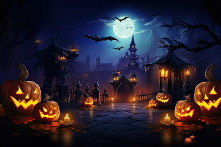 Halloween Pumpkin in Dark Forest, Carved Jack Lantern, Scary Pumpkin, Traditional Autumn Night Holiday, in Terrible House, Generative AI Illustrationの素材