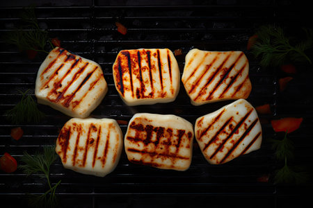 Grilled Halloumi Cheese, Traditional Greek Barbecue, Mediterranean Meal, Bbq Hellim Halloumi Cheese, Abstract Generative AI Illustrationの素材