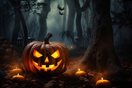 Halloween Pumpkin on Dark Forest, Carved Jack Lantern, Scary Pumpkin, Traditional Autumn Night Holiday Generative AI Illustrationの素材
