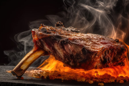 Grilled Ribs, Lamb Barbecue, Roasted Meat on Dark Background, Grilled Ribs Abstract Generative AI Illustrationの素材
