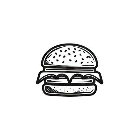 Hamburger Sketch on White Background, Hand Drawn Hamburger Black Icon, Fast Food Restaurant Menu Design, Sketched Burger AI generative illustrationの素材
