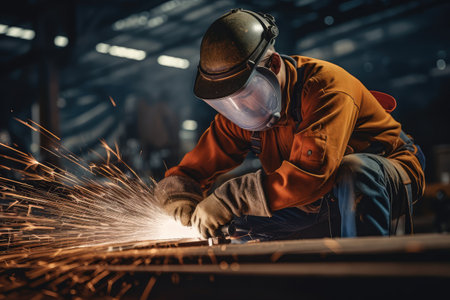 Welder at Work, Welding of Metal Parts at Industrial Plant, Industrial Worker Using Angle Grinder and Cutting a Metal Tube, Manufacturing Metal Structures, Generative AI Illustrationの素材
