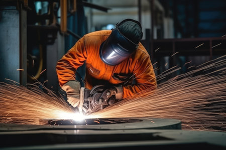 Welder at Work, Welding of Metal Parts at Industrial Plant, Industrial Worker Using Angle Grinder and Cutting a Metal Tube, Manufacturing Metal Structures, Generative AI Illustrationの素材