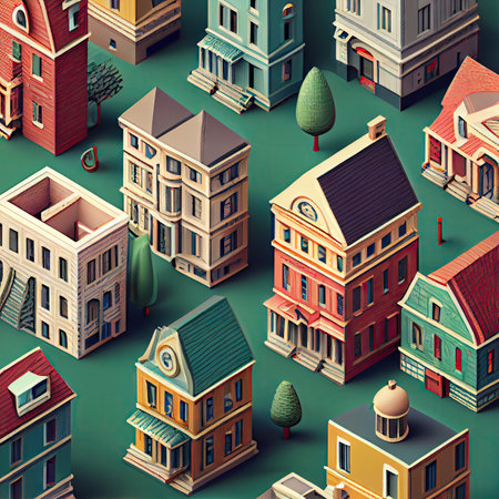 Isometric Buildings Pattern, Houses Texture Background, Isometric Town 3d Drawing Imitation, Abstract Generative AI Illustrationの素材