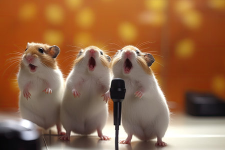 Singing Hamsters, Disco of 80s, Concert of 90s, Karaoke with Rodents, Hamster Disco, Funny Mice Singer, Abstract Generative AI Illustrationの素材