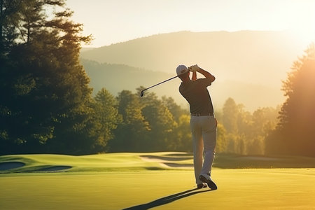 Male Golf Player, Professional Golf Course Concept, Golf Club, Golfer Man Taking a Shot, Generative AI Illustrationの素材